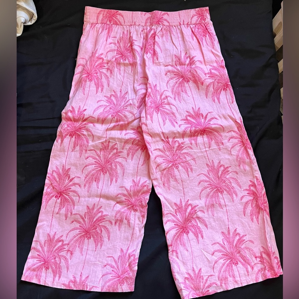 Tahari Pants Womens XL Pink Palm Leaf Linen Wide Leg Drawstring Pockets - Picture 2 of 9